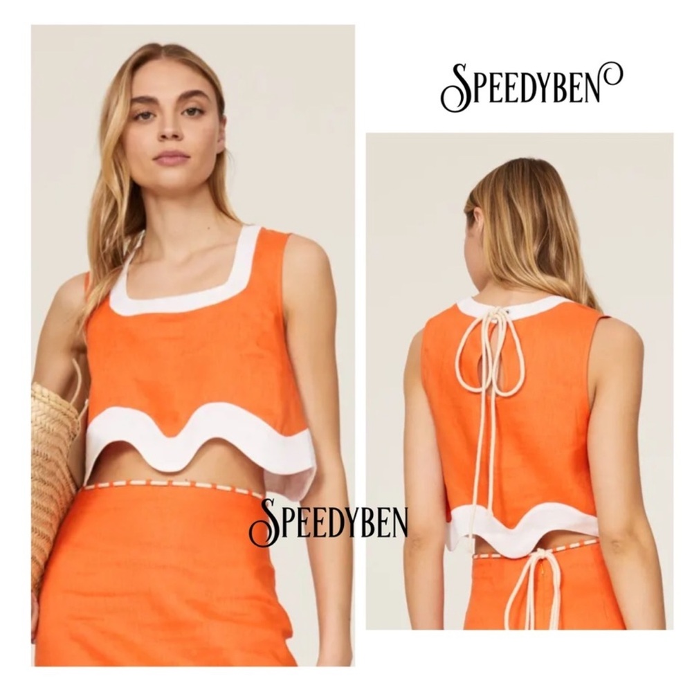 STAUD Livia Scallop Crop Top Orange Linen size Medium